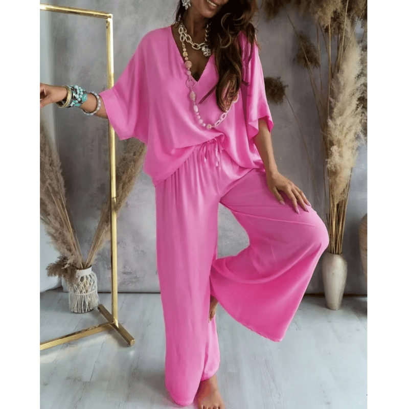 💕V-pääntie, batwing-hihat, rento, väljä, leveälahkeiset housut