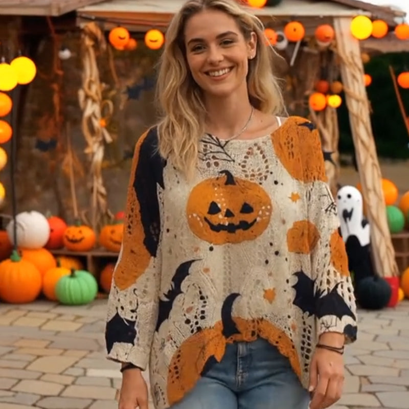 🎃 Noitamainen kodikas tunnelma – Halloween-kurpitsaneulepuser