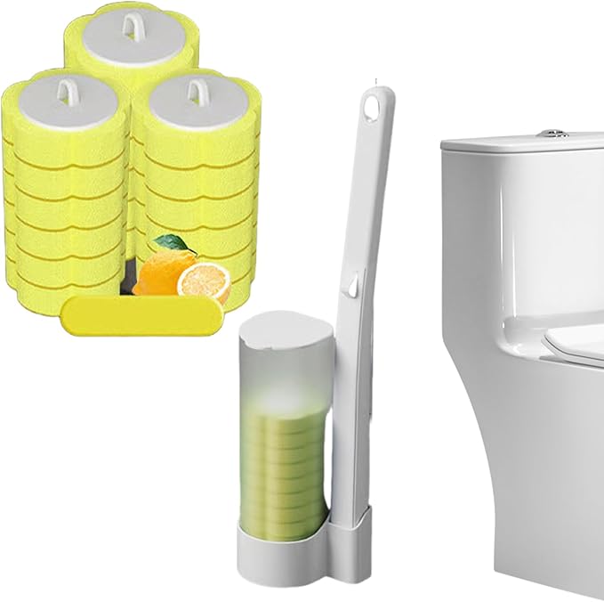 Kertakäyttöinen WC-puhdistusjärjestelmä: WC-harja ja teline esikyllästettyä puhdistusliuosta sisältäe